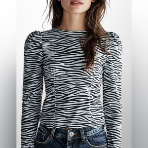 Birgitte Herskind Black‎ White Zebra Stripe Puff Sleeve Blouse Top Size 32 or XS